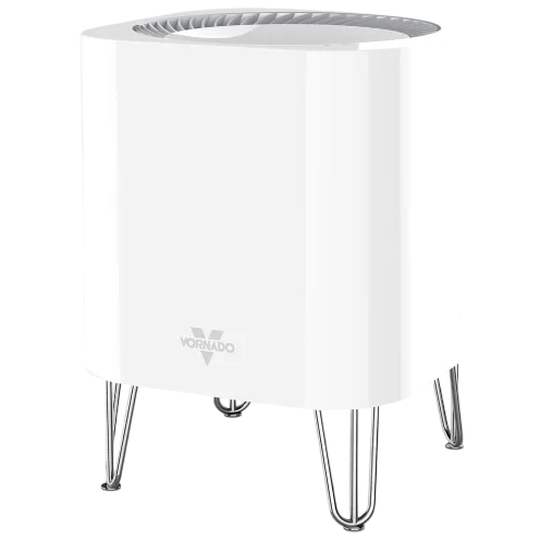 A white Vornado air purifier with a sleek design featuring a cylindrical body and metal legs.