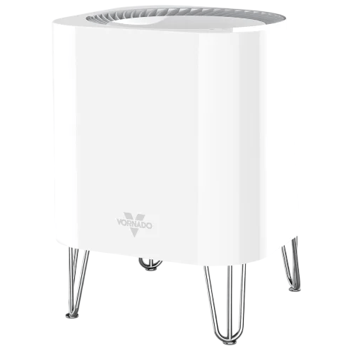 A white Vornado air purifier with a sleek design featuring a cylindrical body and metal legs.