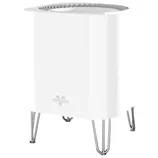 A white Vornado air purifier with a sleek design featuring a cylindrical body and metal legs.