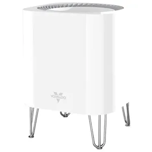 A white Vornado air purifier with a sleek design featuring a cylindrical body and metal legs.
