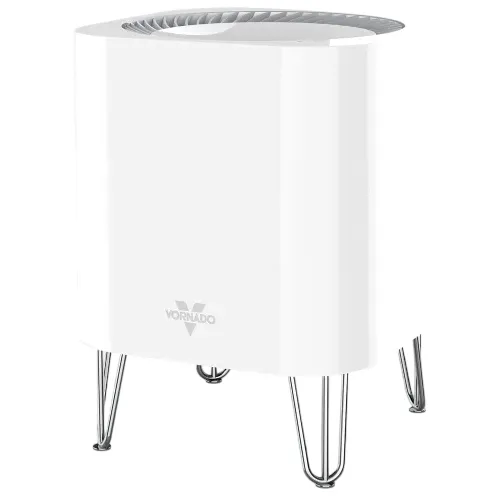 A white Vornado air purifier with a sleek design featuring a cylindrical body and metal legs.