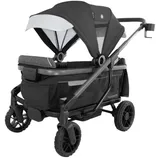 A black and gray stroller wagon featuring a canopy, mesh panels, cup holder, and rugged wheels designed for easy mobility.