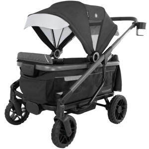A black and gray stroller wagon featuring a canopy, mesh panels, cup holder, and rugged wheels designed for easy mobility.