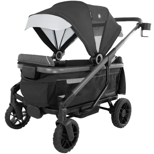 A black and gray stroller wagon featuring a canopy, mesh panels, cup holder, and rugged wheels designed for easy mobility.