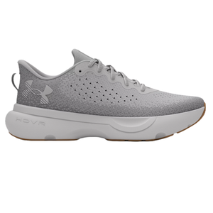 Light gray Under Armour athletic shoe with a perforated design, lace-up closure, and a thick white sole featuring the HOVR cushioning technology.