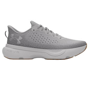 Light gray Under Armour athletic shoe with a perforated design, lace-up closure, and a thick white sole featuring the HOVR cushioning technology.