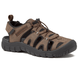 Brown outdoor sandal with a rugged, closed-toe design, adjustable strap, and elastic lacing system. Features a durable black sole for traction and stability.