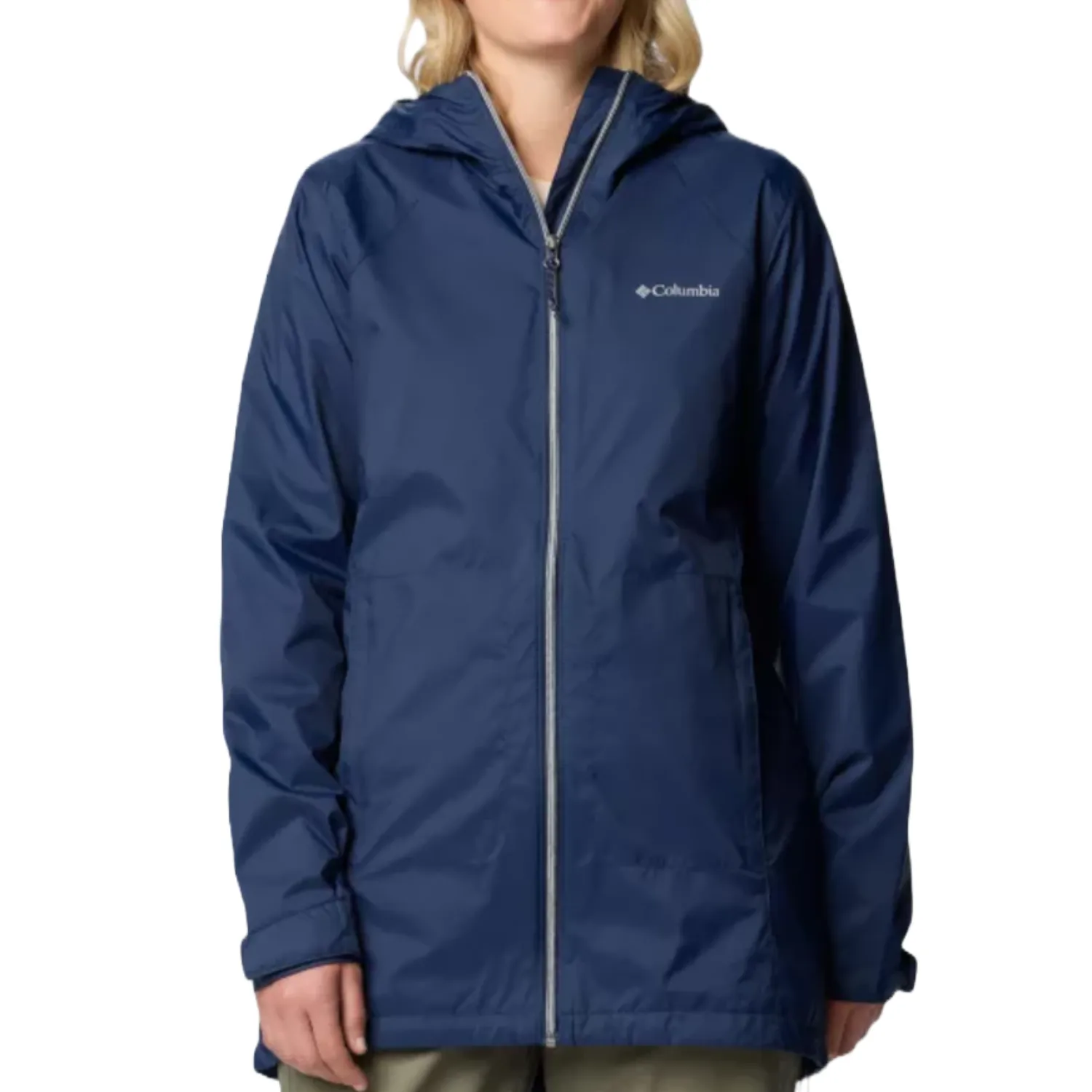 A blue Columbia rain jacket with a hood and front zipper.