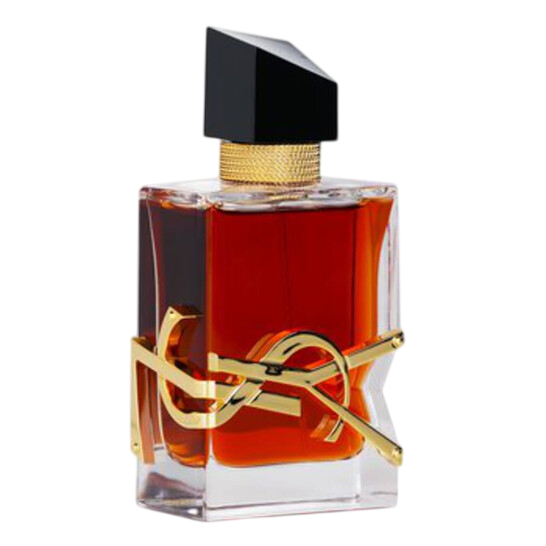 A rectangular glass bottle of perfume with a dark amber liquid, featuring a black asymmetric cap and a gold decorative element resembling a stylized logo wrapped around the bottle.