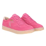 Pink low-top sneakers with suede finish, matching laces, a gum sole, and subtle side detailing.