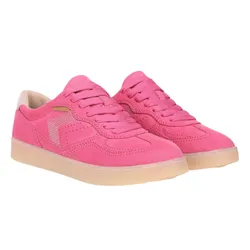 Pink low-top sneakers with suede finish, matching laces, a gum sole, and subtle side detailing.