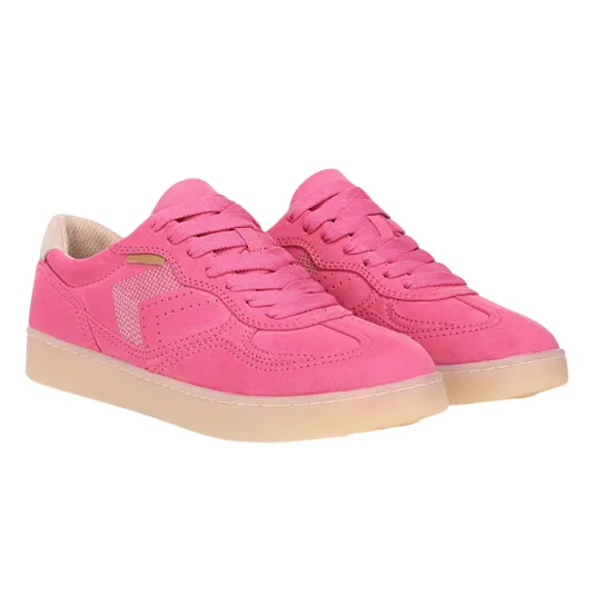 Pink low-top sneakers with suede finish, matching laces, a gum sole, and subtle side detailing.