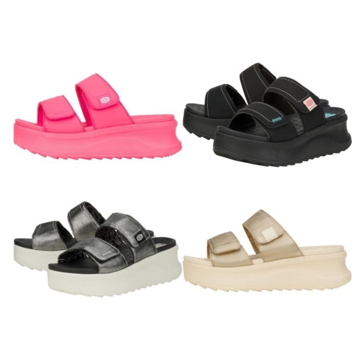 Four pairs of platform sandals in different colors and styles.