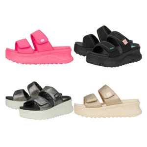 Four pairs of platform sandals in different colors and styles.