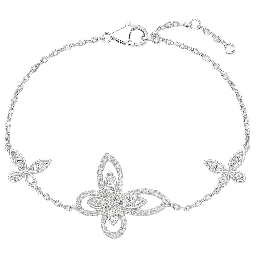 A delicate bracelet featuring butterfly-shaped elements encrusted with small stones, linked by a fine chain and secured with a lobster clasp.