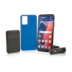 Smartphone with colorful display, blue protective case, black power bank, and car charger.