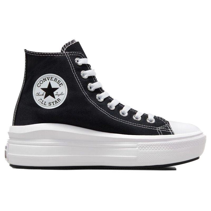The Chuck Taylor All Star Move Platform features a classic black high-top design with white laces and stitching, a white front toe cap, and a thick, elevated white platform sole.