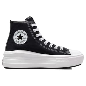 The Chuck Taylor All Star Move Platform features a classic black high-top design with white laces and stitching, a white front toe cap, and a thick, elevated white platform sole.