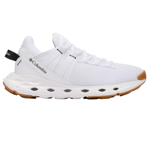 White Columbia sneaker with mesh upper, brown accents on the toe and sole, featuring a unique lacing system and black branding on the heel tab.
