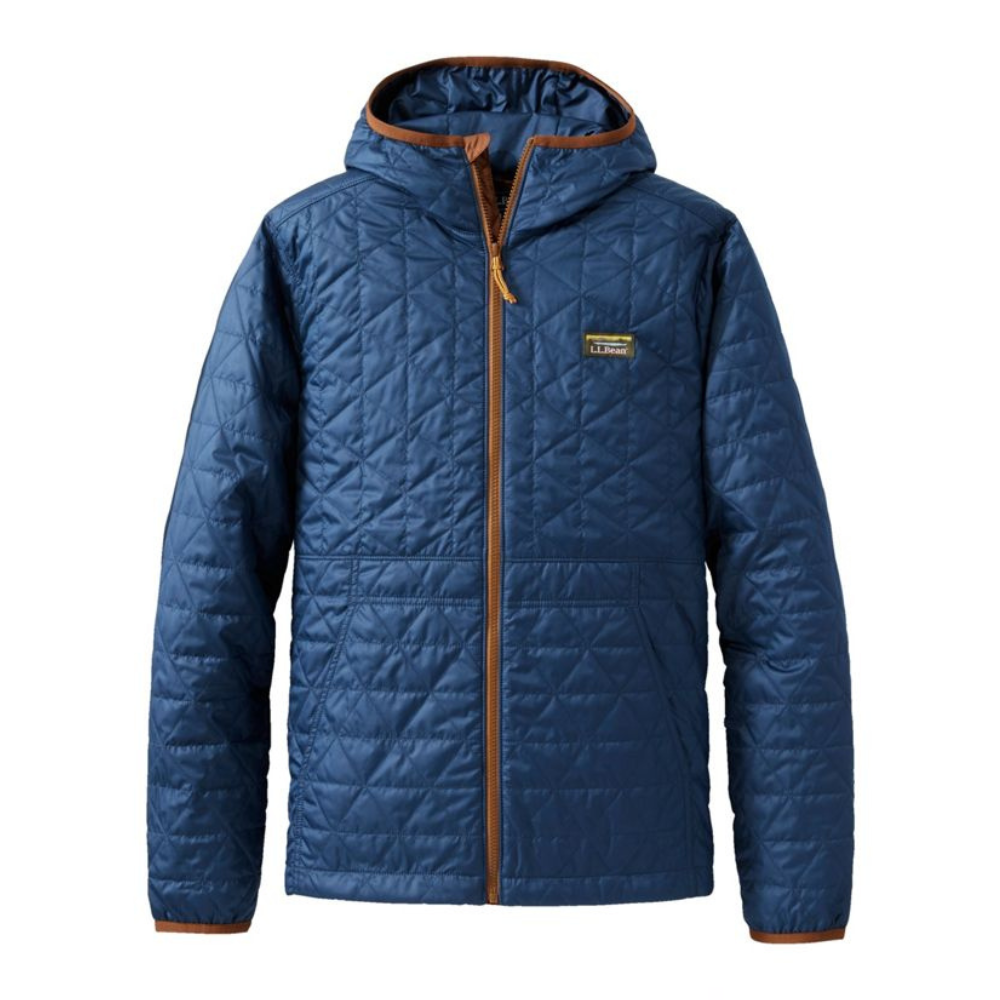 A blue quilted hooded jacket with brown accents and a front zipper, featuring a small logo patch on the left chest.