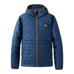 A blue quilted hooded jacket with brown accents and a front zipper, featuring a small logo patch on the left chest.