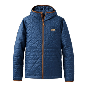 A blue quilted hooded jacket with brown accents and a front zipper, featuring a small logo patch on the left chest.