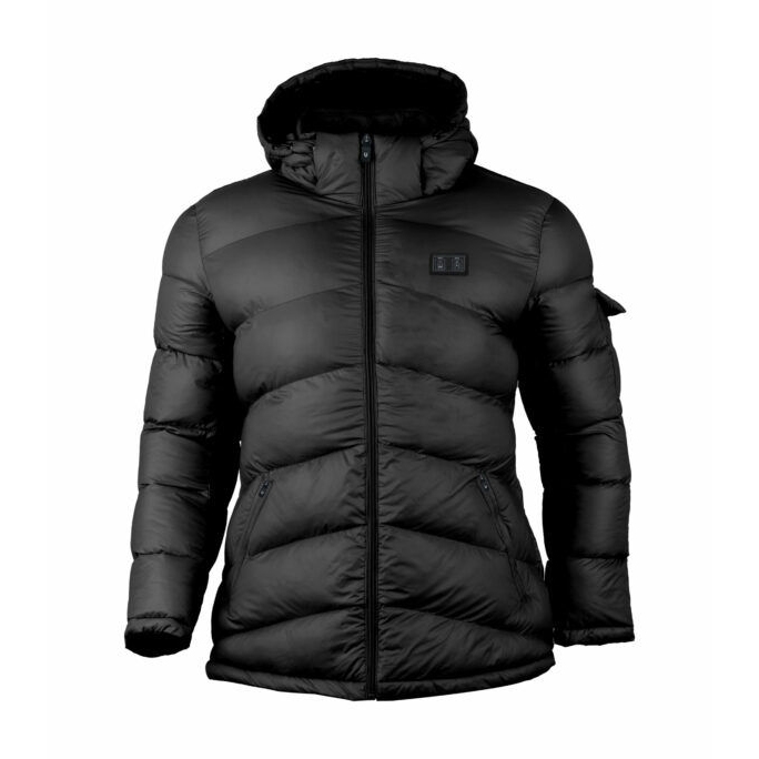 A black, puffy, hooded coat with a front zipper and side pockets, designed for warmth with integrated heating technology.