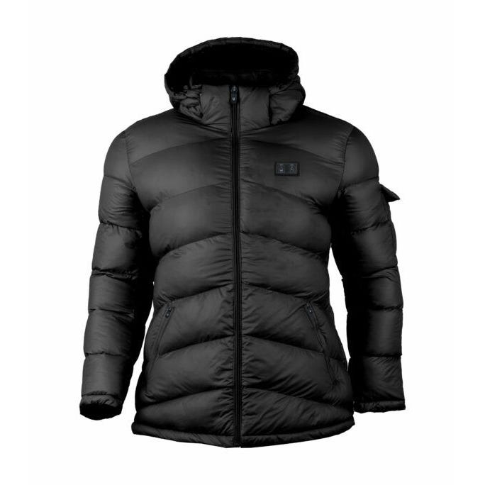 A black, puffy, hooded coat with a front zipper and side pockets, designed for warmth with integrated heating technology.