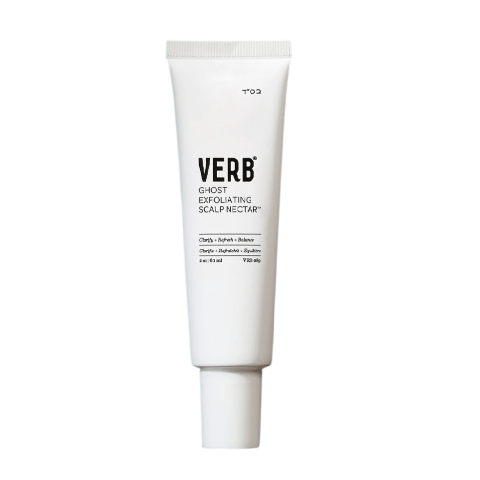Verb Ghost Exfoliating Scalp Nectar against a pink background, housed in a white tube.
