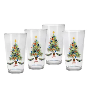 Four clear glass tumblers with a decorated Christmas tree design and a star on top, each glass features the Fiesta logo near the base.
