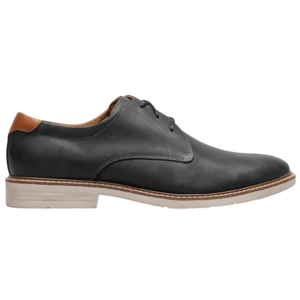 A black leather oxford shoe with a brown accent on the heel and a light-colored sole, featuring minimal stitching and a sleek, modern design.