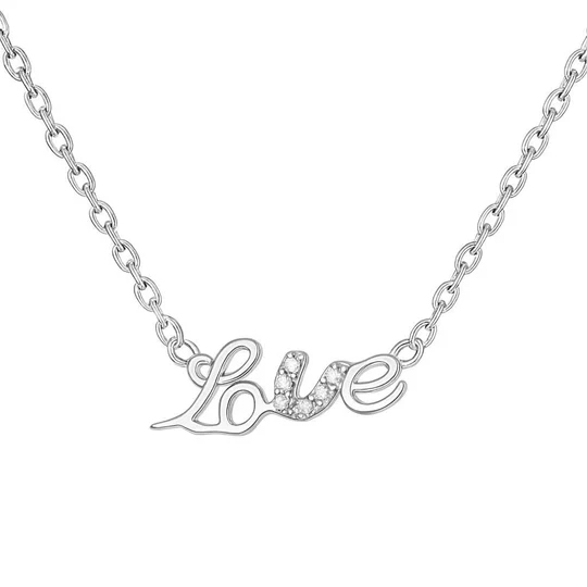 Silver necklace with the word \“Love\“ featuring small decorative stones, attached to a delicate chain.