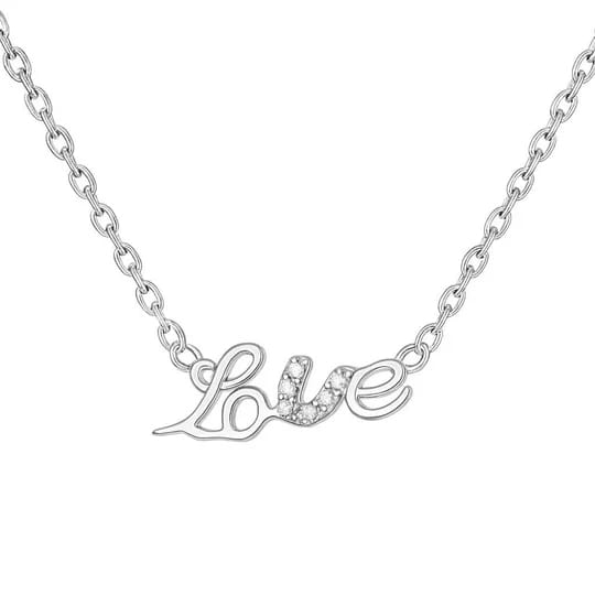 Silver necklace with the word \“Love\“ featuring small decorative stones, attached to a delicate chain.