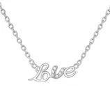 Silver necklace with the word \“Love\“ featuring small decorative stones, attached to a delicate chain.
