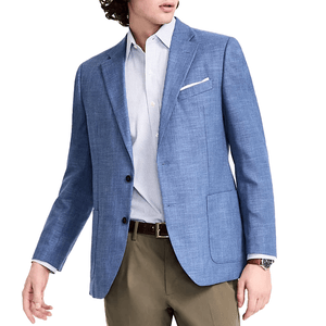 A light blue sport coat with a two-button closure, notched lapel, and patch pockets. It's paired with a white dress shirt and brown trousers, and includes a white pocket square.