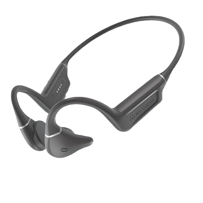 Black bone conduction headphones with a lightweight, wrap-around design for secure fit. Features a rectangular housing on each side labeled \“WILDHORN.\“