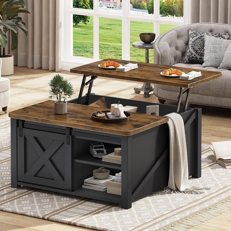 A lift top coffee table with a dual-tone wood finish and black metal accents, featuring storage shelves and a raised work surface.