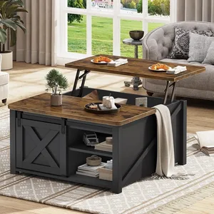 A lift top coffee table with a dual-tone wood finish and black metal accents, featuring storage shelves and a raised work surface.