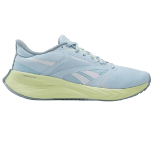 The Reebok Energen Tech Plus 2 is a light blue athletic shoe with a pastel green sole, featuring Reebok's logo and Floatride Fuel cushioning technology for added comfort.