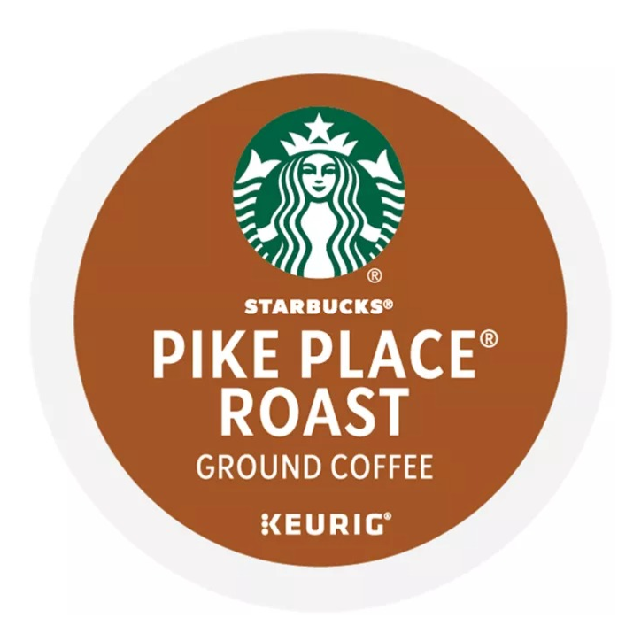 Starbucks Pike Place Roast Ground Coffee for Keurig machines, featuring a brown design with the Starbucks logo.