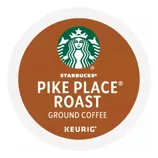 Starbucks Pike Place Roast Ground Coffee for Keurig machines, featuring a brown design with the Starbucks logo.