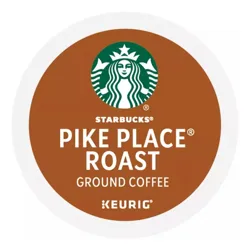 Starbucks Pike Place Roast Ground Coffee for Keurig machines, featuring a brown design with the Starbucks logo.