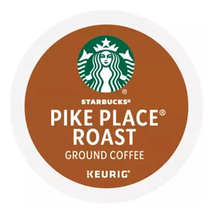 Starbucks Pike Place Roast Ground Coffee for Keurig machines, featuring a brown design with the Starbucks logo.