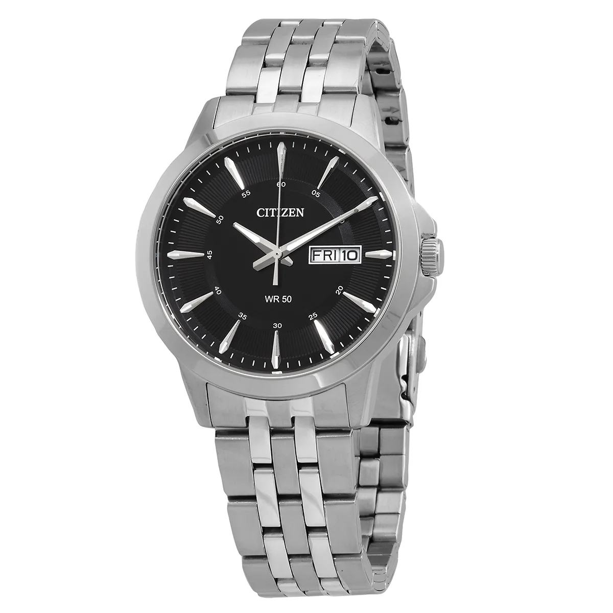 A Citizen wristwatch with a metallic strap, black dial, date display, and marked for 50-meter water resistance.