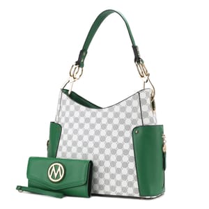 A green and white handbag with gold accents, featuring a checkered pattern, is paired with a matching green wallet adorned with a gold \“M\“ emblem.