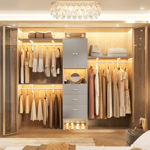 A well-organized closet with hanging clothes, drawers, and shelves. It features soft lighting, a range of neutral-toned garments, a set of shoes, and accessories like a handbag and decorative items. A chandelier provides elegant illumination.