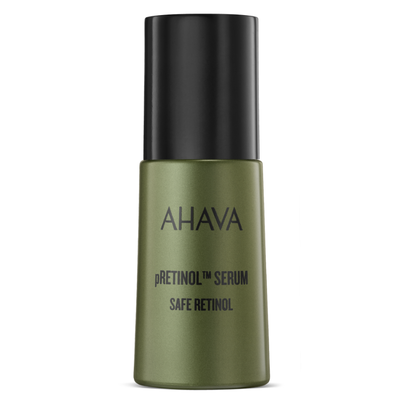 AHAVA pRetinol Serum in a green bottle with black cap; labeled as \“Safe Retinol.\“