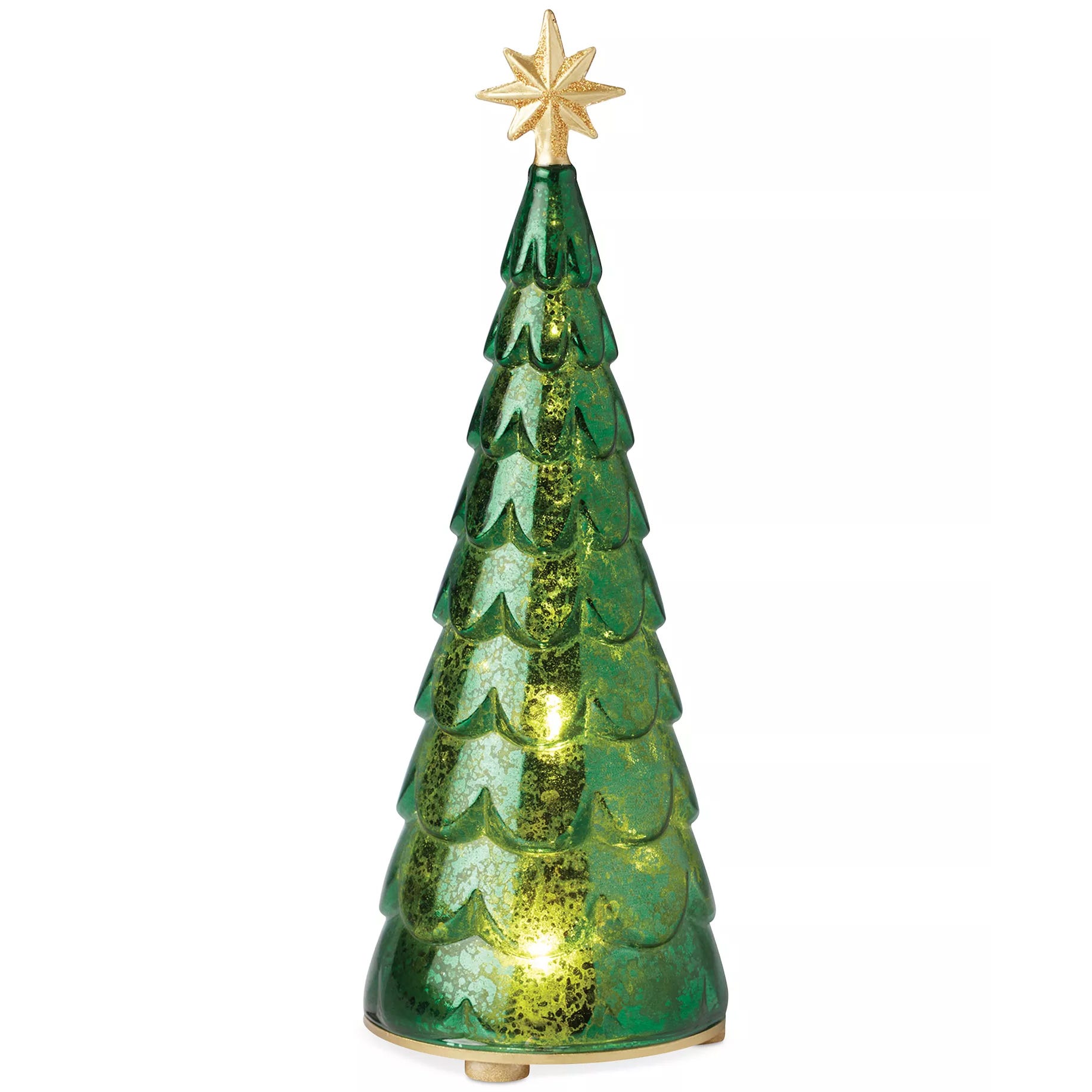 Green decorative Christmas tree with a shiny finish and a gold star topper.