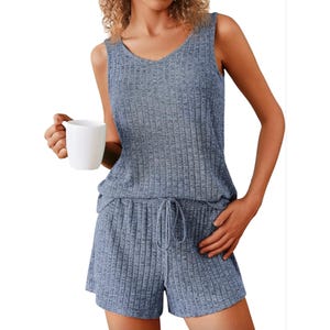 Sleeveless ribbed tank top and drawstring shorts in a soft, stretchy blue fabric, perfect for summer lounging.