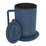 Blue insulated mug with a lid and handle, featuring the brand name \“purée\“ on the side.